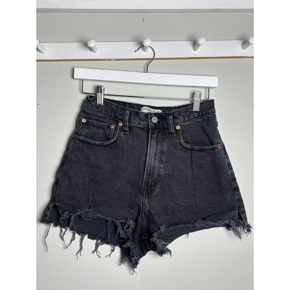 Abercrombie Curve Love High Rise Cutoff Shorts Distressed Black 26